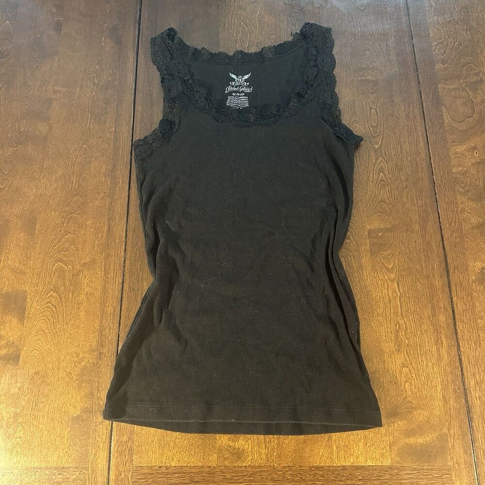 Faded Glory Ribbed Tank With Lace Trim Women’s M (8-10) Black